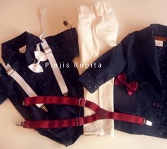 Set conjunto traje bautismo blazer body camisa pantalon moño y tiradores