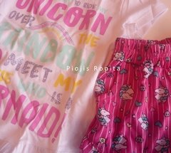 Set conjunto Remera de letras unicornio con volados y short con unicornios - Piojis Ropita Importada