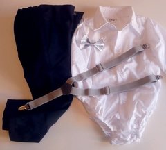 Set conjunto traje bautismo body camisa blanco pantalon moño y tiradores