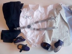 Set conjunto traje bautismo body camisa pantalon blazer zapatos moño y tiradores - Piojis Ropita Importada