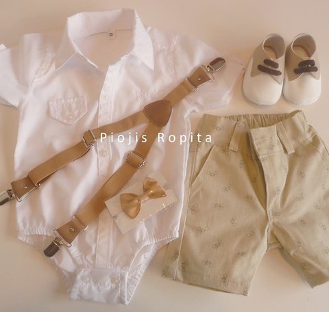 Set conjunto bautismo body camisa bermuda zapatos monos y tiradores
