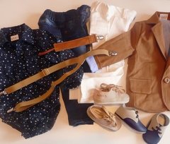 Set conjunto traje bautismo pantalon o jean body camisa blazer zapatos porta chupetes y tiradores