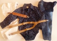 Set conjunto traje bautismo body camisa pantalon o jean porta chupetes y tiradores