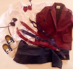 Set conjunto traje bautismo blazer bordo body camisa pantalon zapatos tiradores y moño