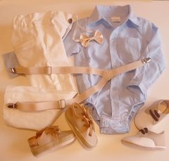 Set conjunto traje bautismo pantalon body camisa zapatos moño y tiradores