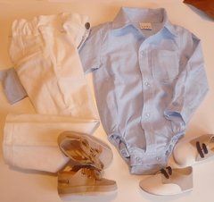 Set conjunto traje bautismo body camisa celeste pantalon y zapatos