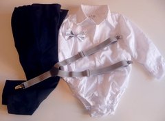 Imagen de Set conjunto traje bautismo body camisa blanco pantalon moño y tiradores