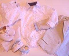 Set conjunto traje bautismo body camisa pantalon blazer saco gris y zapatos