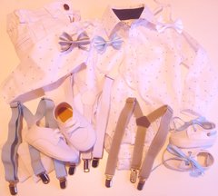 Set conjunto traje bautismo pantalon zapatos body camisa blanco moño y tiradores