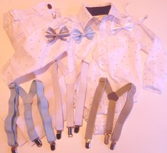Set conjunto traje bautismo body camisa blanco con detalles pantalon moño y tiradores