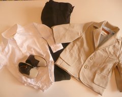 Set conjunto traje bautismo body camisa pantalon blazer saco beige y zapatos
