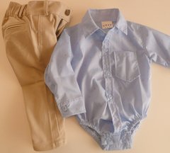 Set conjunto traje bautismo body camisa y pantalon beige
