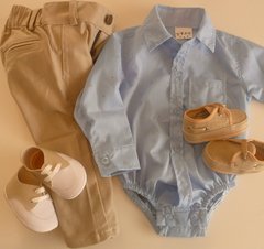 Set conjunto traje bautismo pantalon body camisa celeste y zapatos