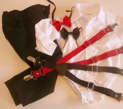 Set conjunto traje bautismo body camisa blanco pantalon moño y tiradores