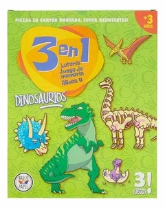3 en 1 Dinosaurios (1 loteria - 1 juego de memoria - 1 cuatro en línea)