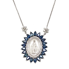 Colar Nossa senhora das graças com safira azul e diamante