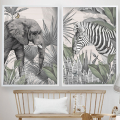 2 cuadros Tanzania Plantas (Elefante y Cebra) 90 x 130, sin vidrio, marco blanco - 50% off (Entrega Inmediata)