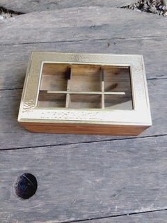 Caja Té x 6 div tapa alpaca y vidrio-madera lustrada