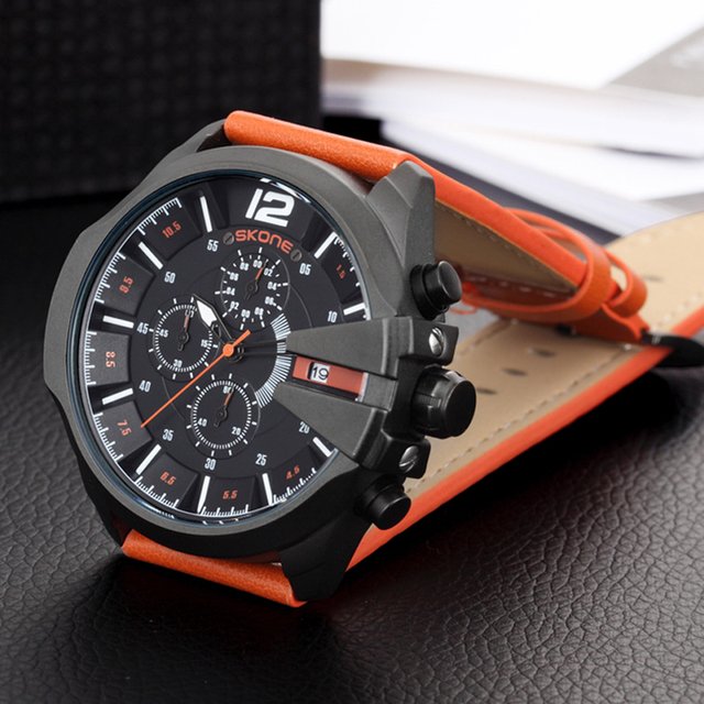 Relógio Masculino Pulseira de Couro SKONE Cronógrafo Cronômetro Esporte de Quartzo Exército Militar - comprar online
