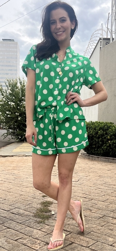 Imagem do Pijama Shorts Feminino - Poá Verde e Branco