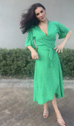 Vestido Envelope 100% Viscose - Poá Verde e Branco na internet