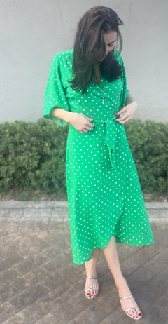 Vestido Envelope 100% Viscose - Poá Verde e Branco na internet