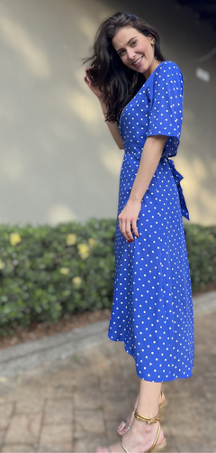 vestido envelope mini po azul e branco