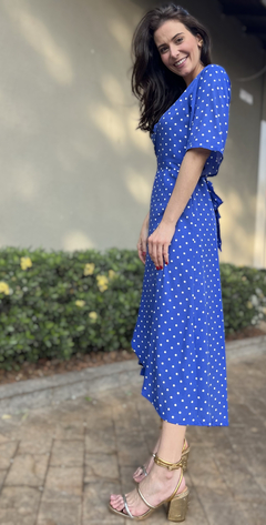 Imagem do Vestido Envelope 100% Viscose - Poá Azul e Branco