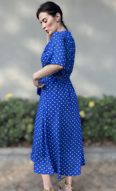 Imagem do Vestido Envelope 100% Viscose - Poá Azul e Branco