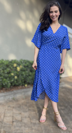 Vestido Envelope 100% Viscose - Poá Azul e Branco - loja online