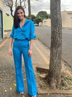 calça flare linho com viscose - azul turquesa - viviane guerreiro