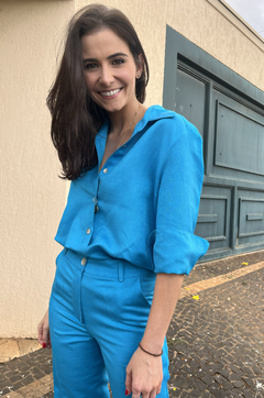 camisa linho com viscose azul turquesa