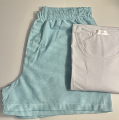 Pijama Shorts Adulto Masculino - Xadrez Azul Turquesa e Branco na internet