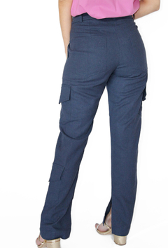 calça cargo linho com viscose - azul marinho e pink - comprar online