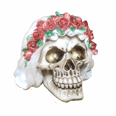 skull, Crânio, Caveira  de noiva com com coroa de rosa 13 cm em resina  pintura a mão com adornos - loja online