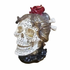 skull, crânio, caveira  mulher com coque de osso 13cm em resina