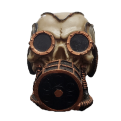 crânio, caveira, skull steam punk com com mascara de oxigênio  14cm em resina