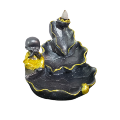 Incensário cascata folha com budinha  cinza amarelo 14x12cm em resina pintura a mão com adorno na internet