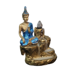 Incensário cascata Buda, Sidarta Gautama,12x6cm  pintura a mão roupa azul com adorno