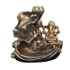 Incensário cascata marrom folha com ganesha 12x8cm em porcelana pintura a mão com adorno