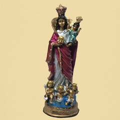 Estátua de Nossa Senhora das Cabeças em resina de 20cm, adornada com brilhos, segurando crianças e usando uma coroa.