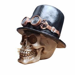 Crânio Caveira skull steam punk chapeleiro C/ Óculos Halloween Decoração ​16cm em resina fundo do olhos dourados - comprar online