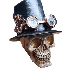 Crânio Caveira skull steam punk chapeleiro C/ Óculos Halloween Decoração ​16cm em resina fundo do olhos dourados na internet