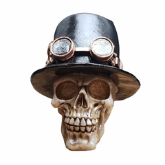 Crânio Caveira skull steam punk chapeleiro C/ Óculos Halloween Decoração ​16cm em resina fundo do olhos dourados