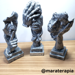 Escultura, estátua trio face abstrata rosto I metalização prata em gesso artesanal