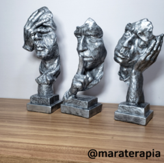 Escultura, estátua trio face abstrata rosto I metalização prata em gesso artesanal na internet