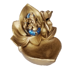Incensário flor de lotus dourado  com ganesha azul  10x11cm em resina pintura a mão com adorno