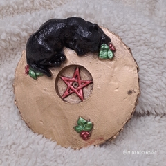 Incensário Gato preto com pentagrama Wicca M01 14x14cm em gesso