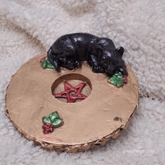 Incensário Gato preto com pentagrama Wicca M01 14x14cm em gesso