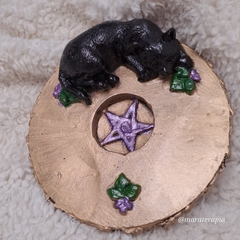 Incensário Gato preto com pentagrama Wicca M02 14x14cm em gesso
